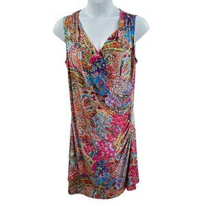 Lauren Ralph Lauren 1X Womens Ruched Side Paisley Print V-Neck Sleeveless Dress